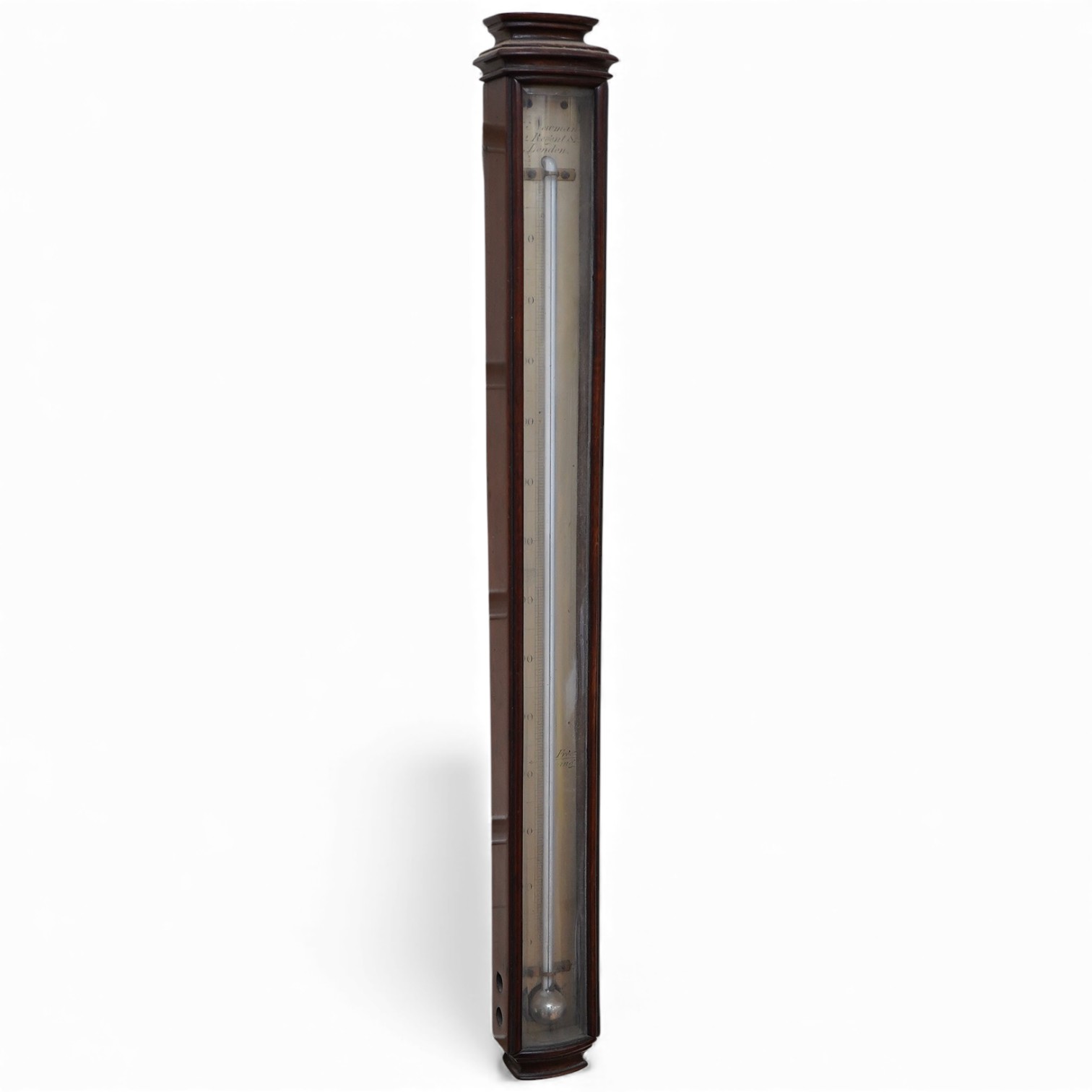 A Georgian mahogany cased thermometer by J. Newman, 122 Regent St., London, with silvered scale and bevelled glass front, 44.5cm high